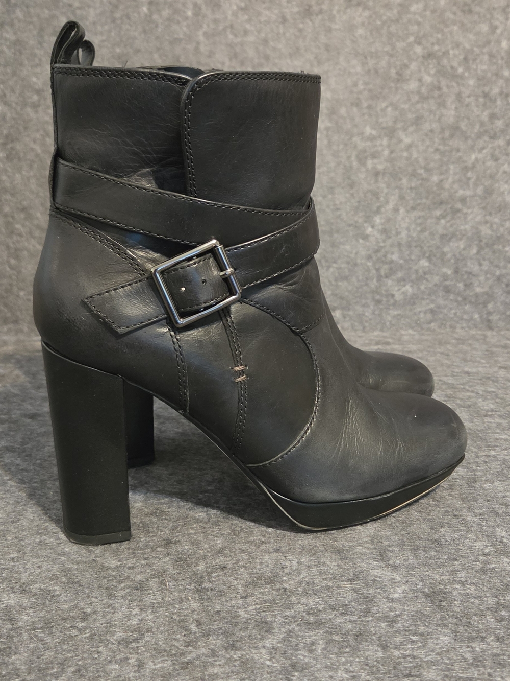 Clarks Black Leather Block Heel Ankle Boots with Buckle - Picture 4 of 10